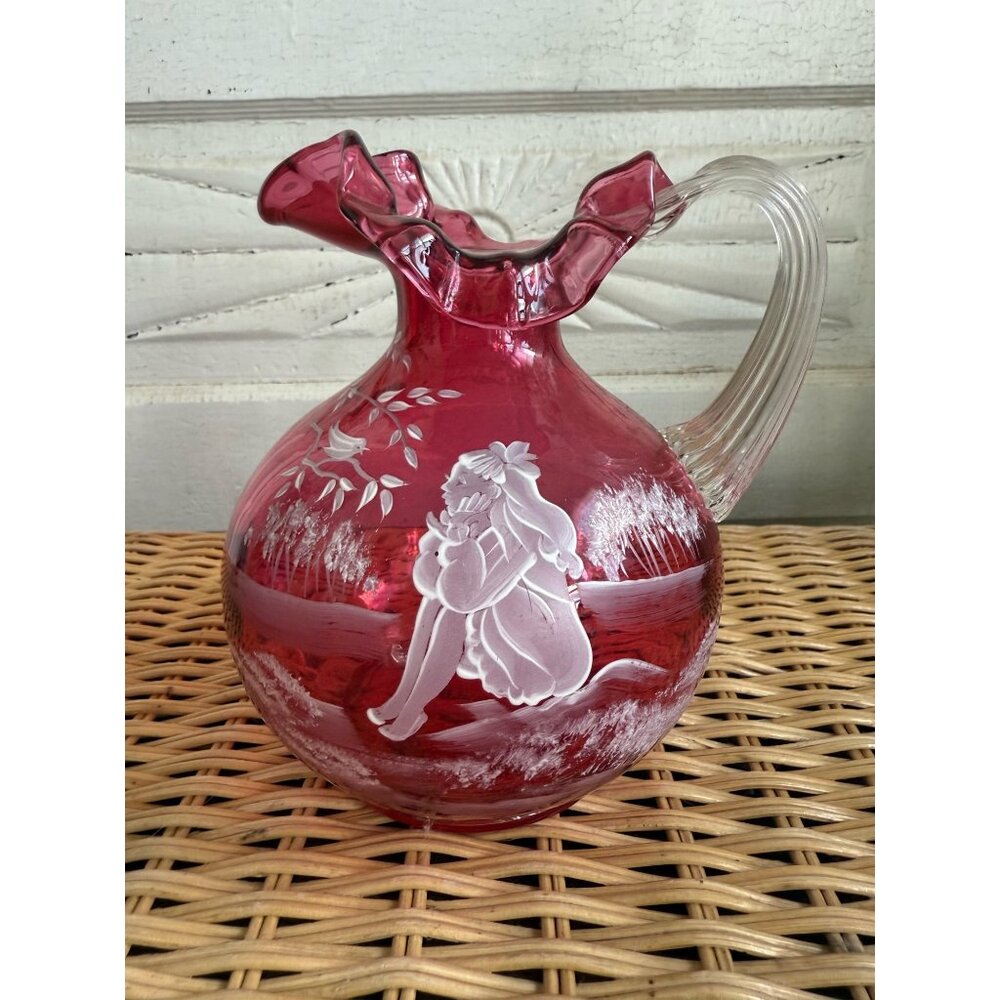 Vintage 90's Fenton Cranberry Ruffle Pitcher Mary Gregory Little Girl - Picture 1 of 11